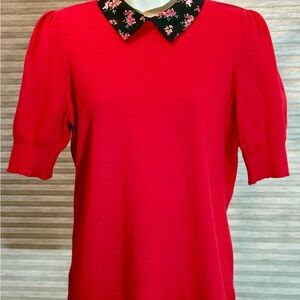 CeCe Red Short-Sleeve Knit Top with Black Floral Peter Pan Collar